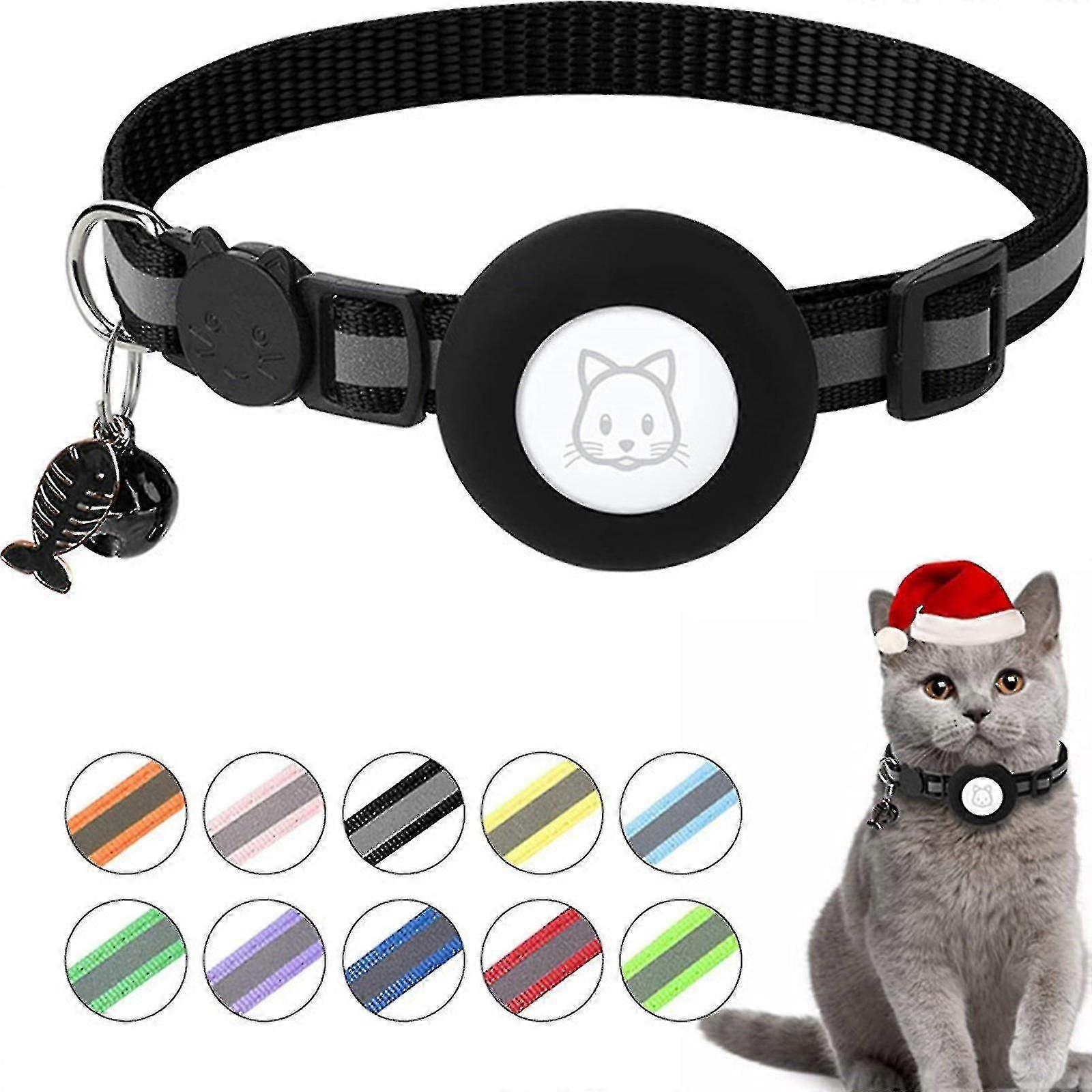 Adjustable Airtag Pet Cat Collars Gps Reflective Collar With Airtag Holder Breakaway Safety Buckle And Bell & Fishbone Pendant