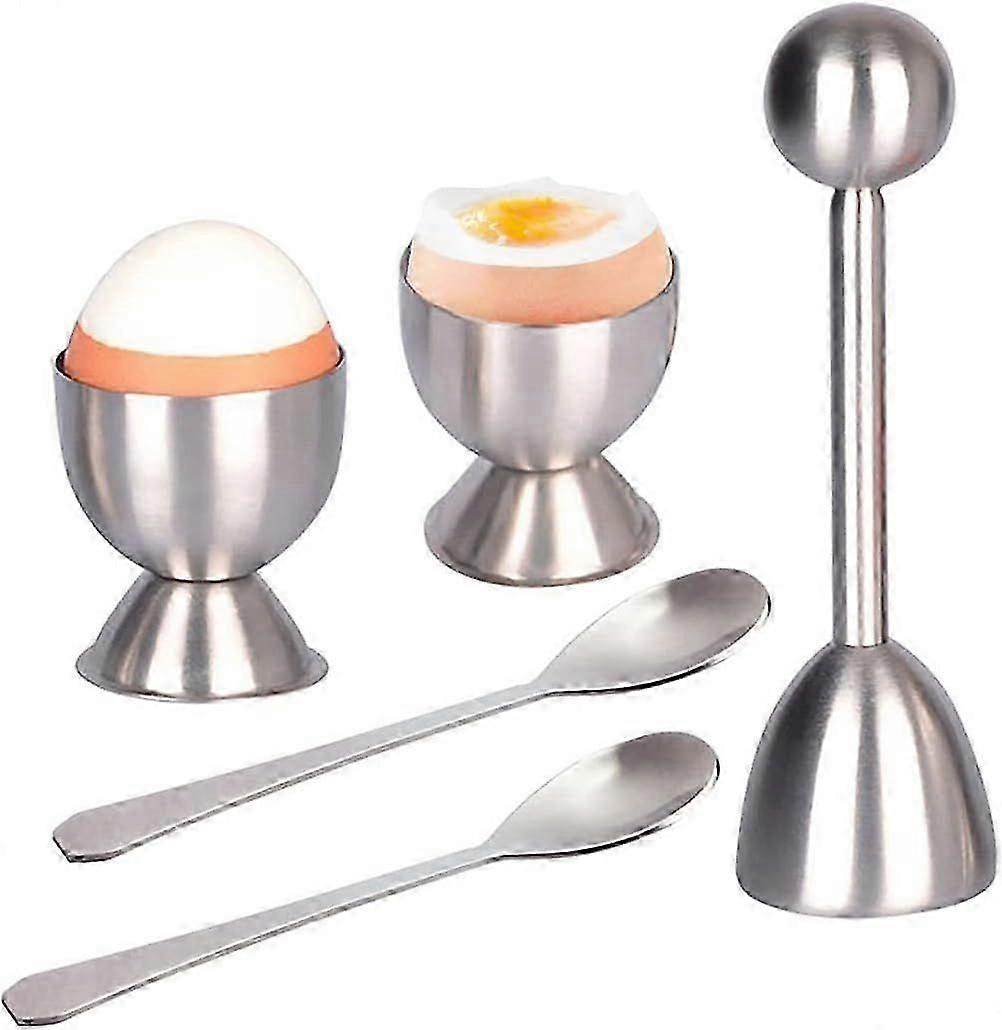 Egg Cracker Topper Set of 5 - Includes 2 Egg Cups, 2 Spoons and 1 Cutter - Stainless Steel Easy Egg Opener