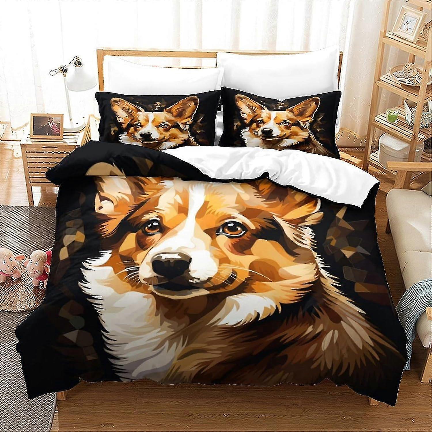 Drukowany w 3D obraz olejny Zestaw pościeli Corgi z uroczą poszewką na kołdrę z mikrofibry, 3-częściowy zestaw poszewek na kołdrę