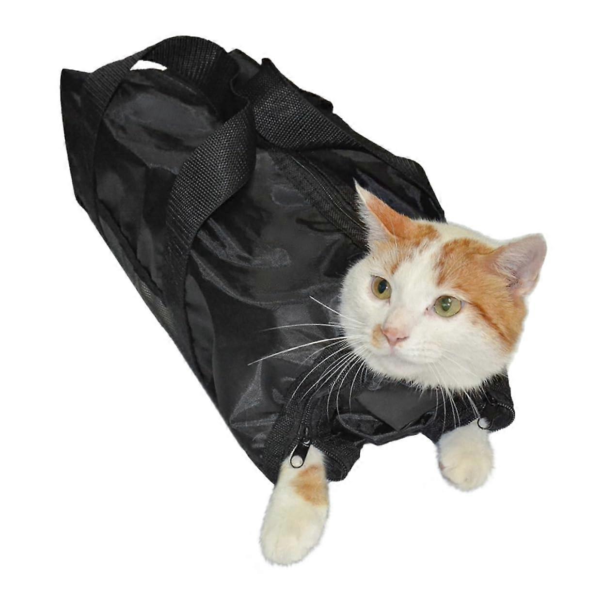 Cat care grooming tote bag with muzzle and mesh side pocket, made of Oxford fabric for cats, easy closure.