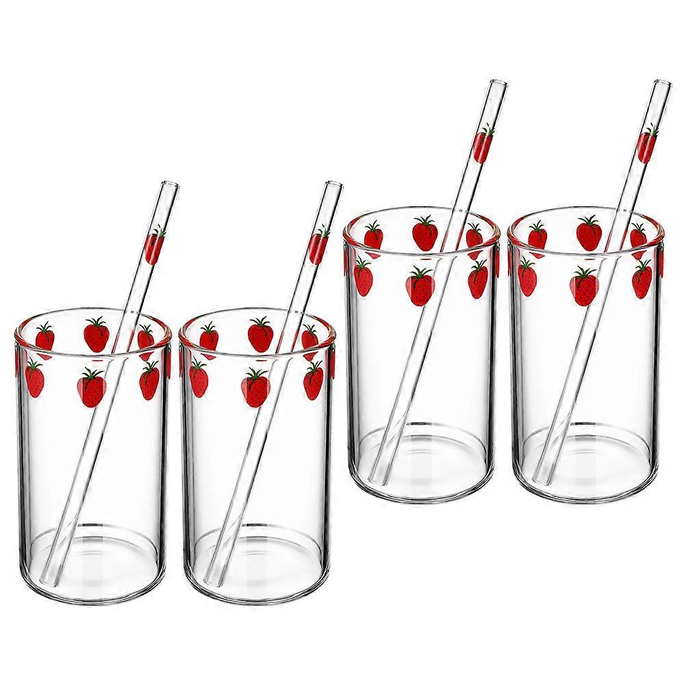 Clear Cup Strawberry Pattern Drinking Cup Household Water Cup Microwave Safe 4Sets