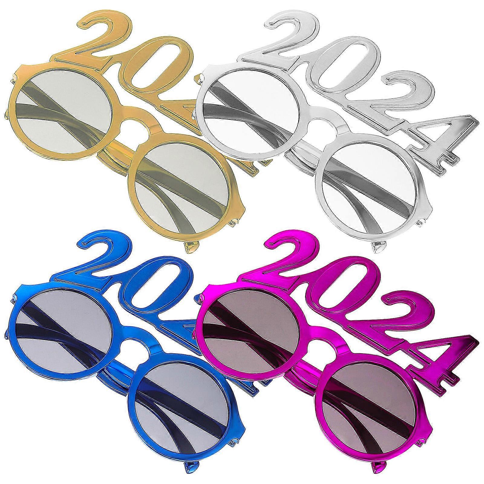 4 Pcs Lightweight Plastic Party Sunglasses Fun Photo Props for Celebrations in Gold, Silver, Blue, and Rose Red
