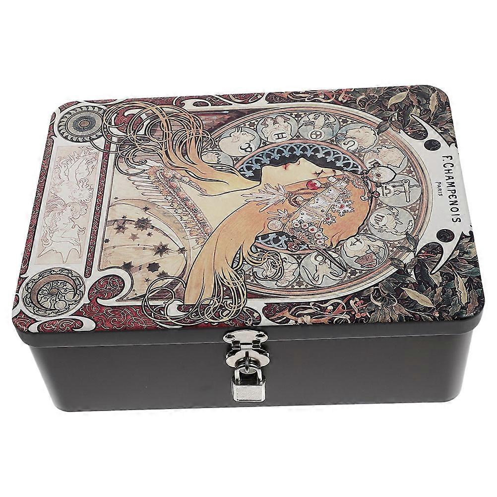 Vintage Tinplate Storage Box with Lock for Storage Small Jewelry Case