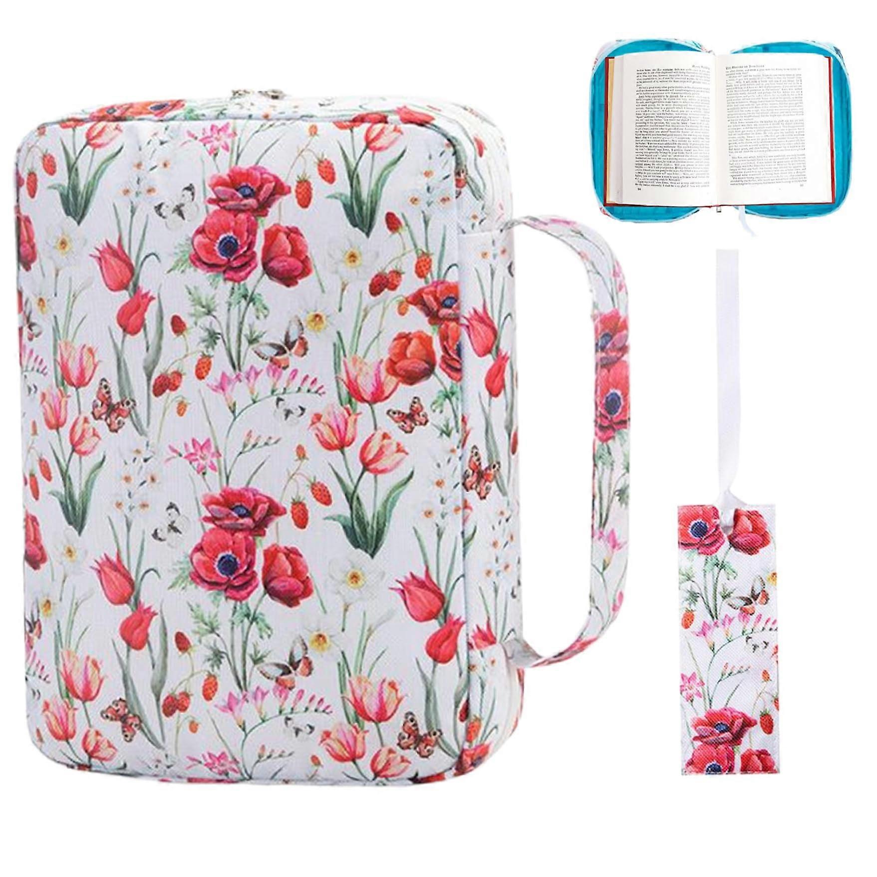 Bibelkoffer für Frau 10.5 x 7.6 Zoll Rot Oxford-Stoff Blumendruck Reißverschluss Multi-Slot Beutel Wohnkultur