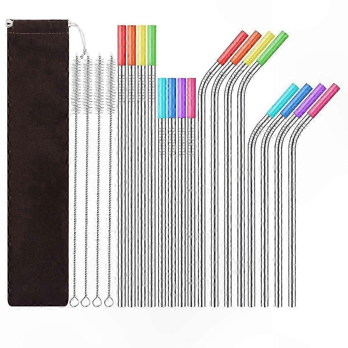 Reusable Stainless Steel Straw Set with Silicone Tips and Cleaning Brush for Portable Use