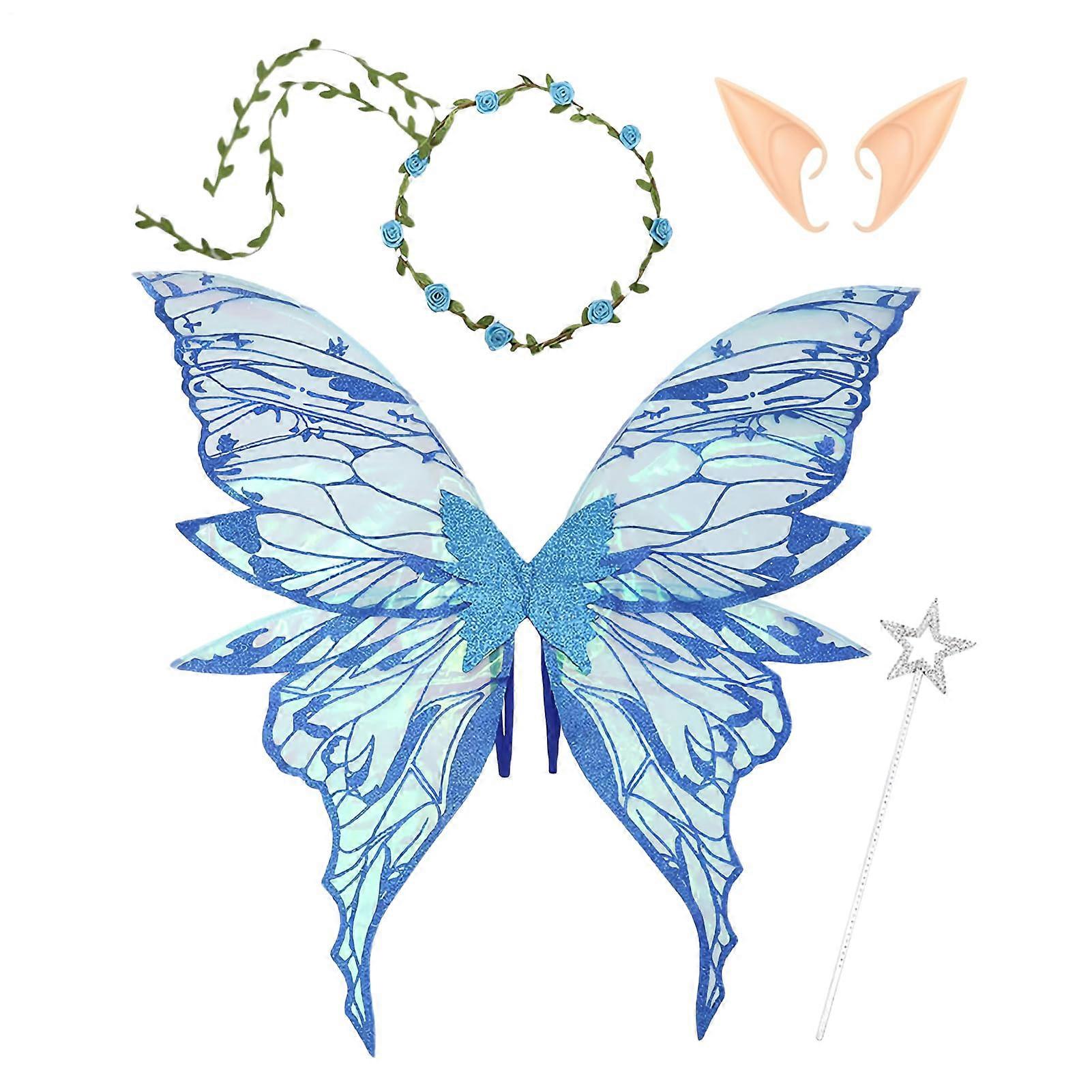 Fairy wings for girls, butterfly angel wings with flower garland, blue
