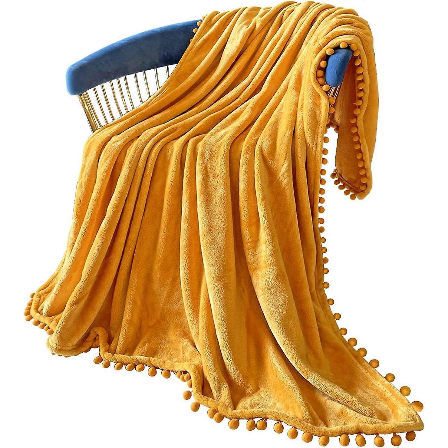 Flannel Blanket with Tassel Fringe, Soft Throw Blanket for Sofa, Home Decor (Yellow, 51" x 63")