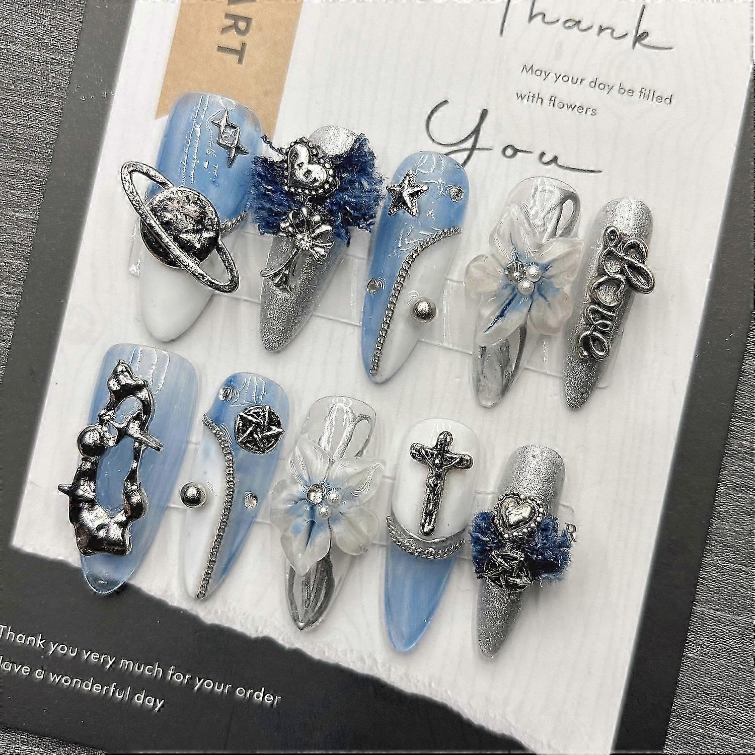 Blue Handmade Press on Nails Winter Elegant False Nails Tips