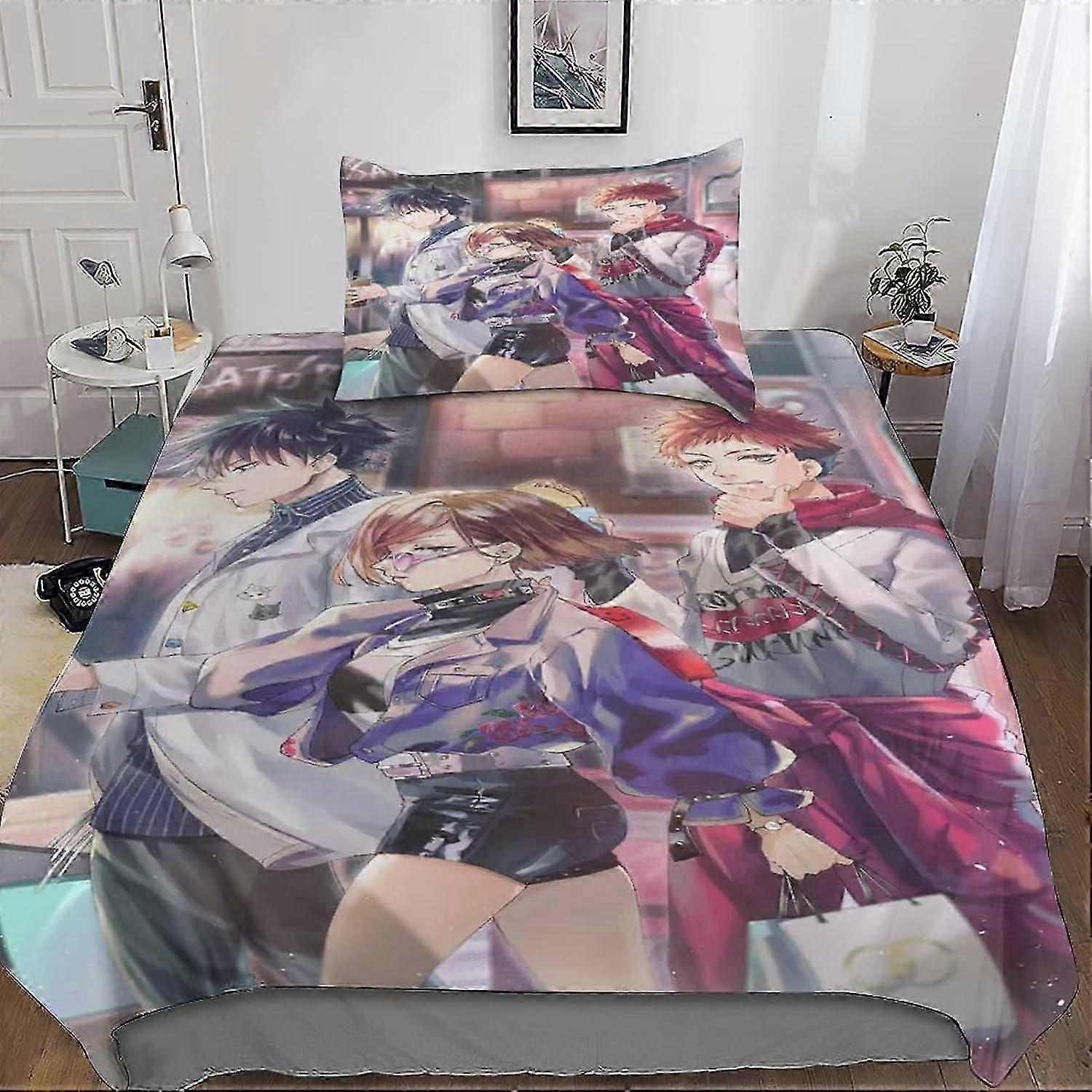 Jujutsu Kaisen Bedding Set Microfiber Pieces with Duvet Cover and Pillowcase Zipper Closure for Adults and Children Witch Line Print Pattern 135*200 C
