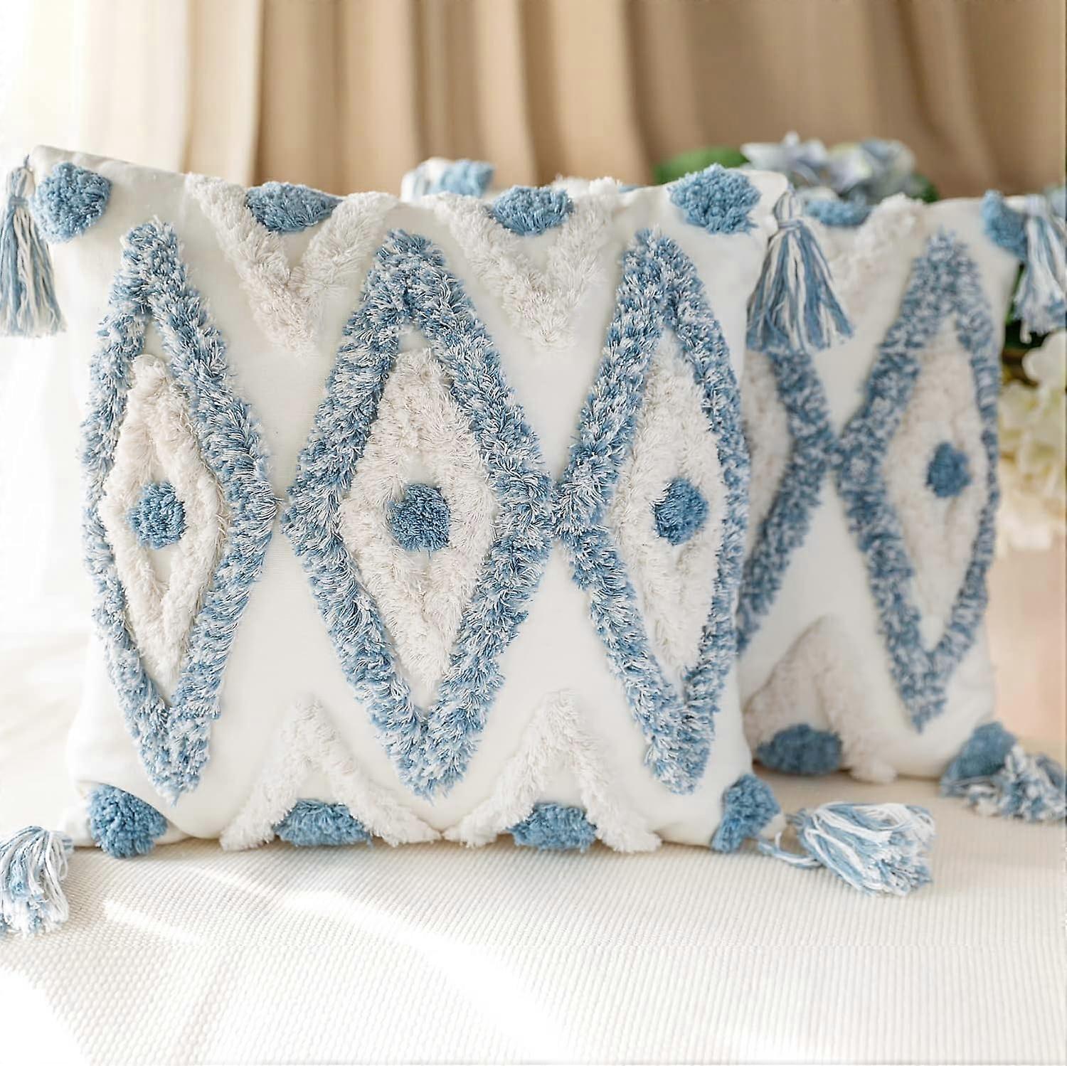 Set of 2 Bohemian Woven Cotton Cushion Covers, Tufted Decorative Square Throw Pillowcases with Tassels for Sofa Couch Bed, 45 x 45 cm, Blue (2 Pieces)