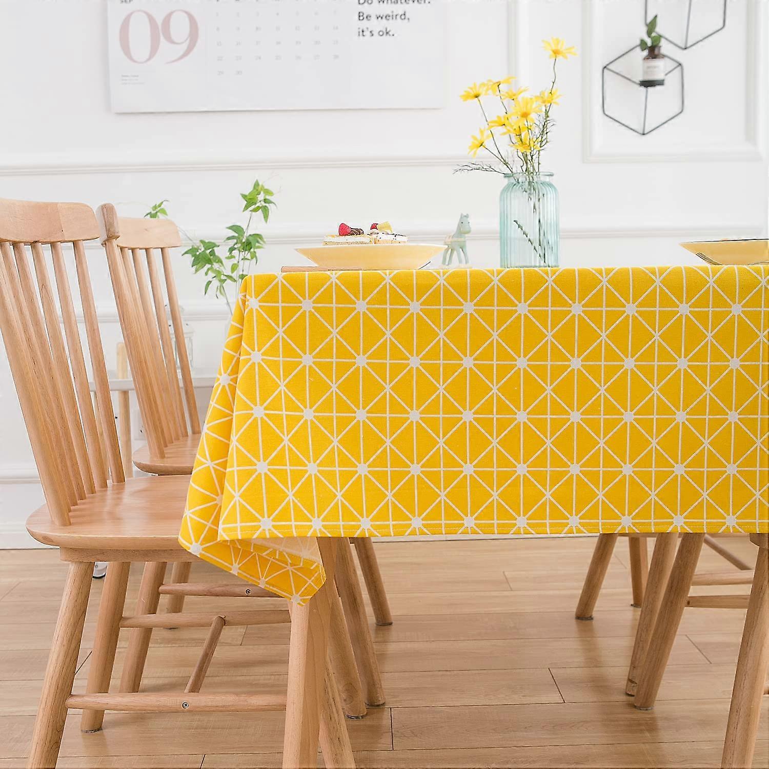 Tablecloth Rectangular CottonLinen Geometric Yellow Grid 140x180cm Table Cover Kitchen Dining Picnic