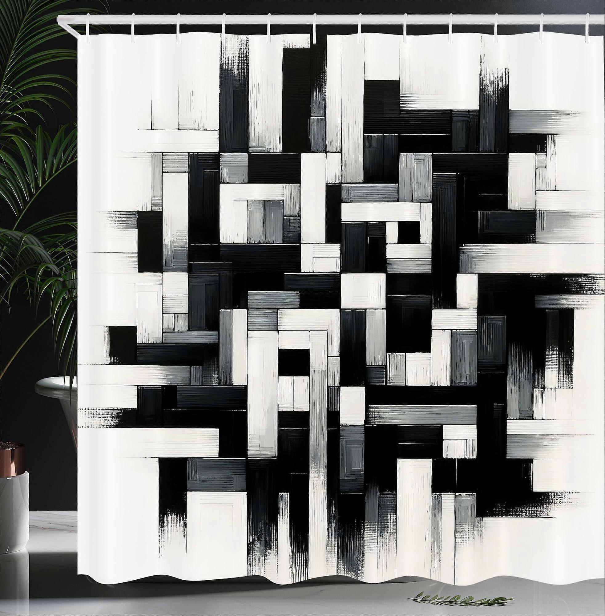 Black and White Shower Curtain Sketchy Brushstroke Monochrome Maze Cloth Fabric 69 W X 70 L Inches Includes Hooks