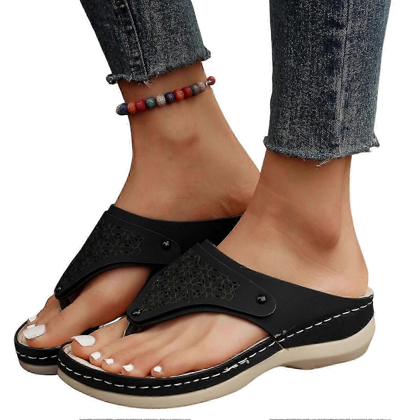 Woman Soft Leather Flip-flops Solid Color Sandals Open-toe Shoes For Outdoor Walking Travelling