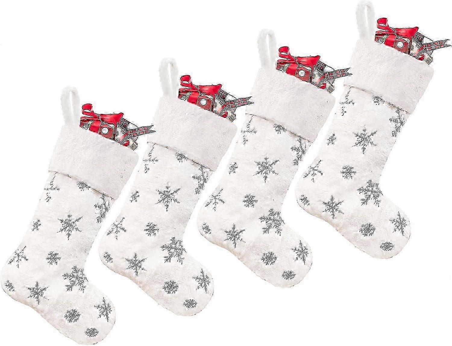 4 Pack Xmas Stocking with Silver Sequins For Family Kids Holiday White Decorati PDN
