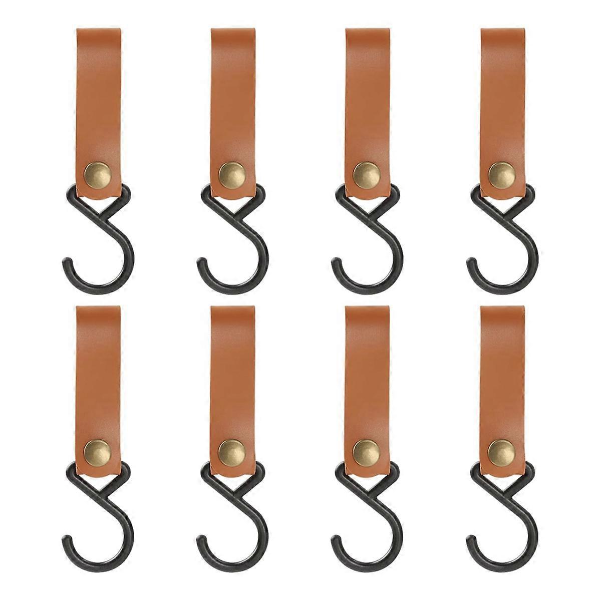 8Pcs Leather S-Hooks Leather Hook,Coat Hook for Hanging (Brown)