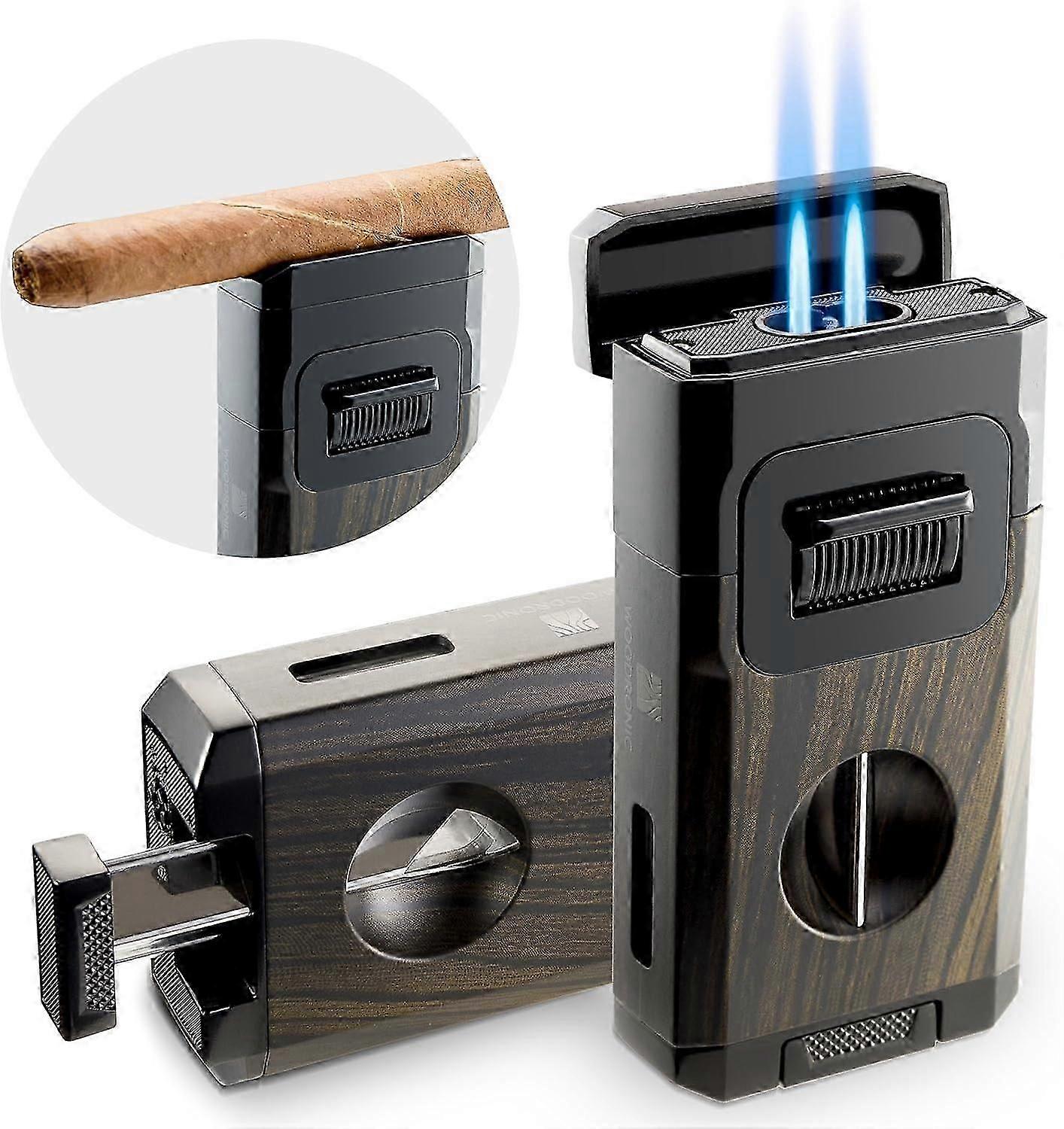 Isqueiro Woodronic com cortador de charutos em V e suporte para charutos, isqueiro recarregável de jato duplo sem butano, leve e à prova de vento, presente para charutos