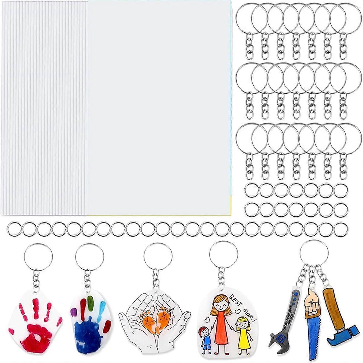30PCS Shrink Plastic Sheets for Kids with 30 Keychains & 100 Jump Rings, Shrink Films Papers,for DIY Handprint Keychains