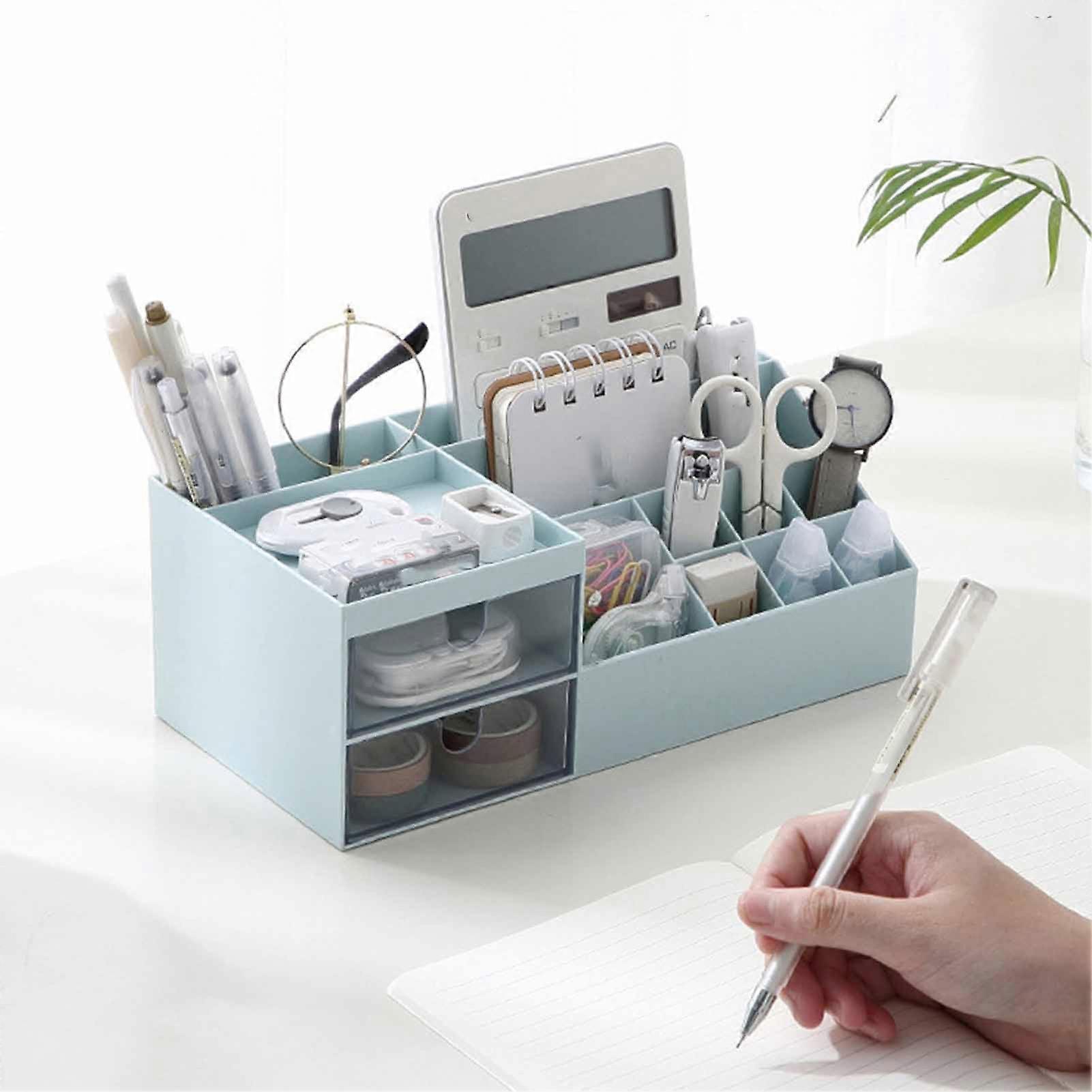 Makeup Organizer Large Capacity Blue Multifunctional Storage Box with Drawers