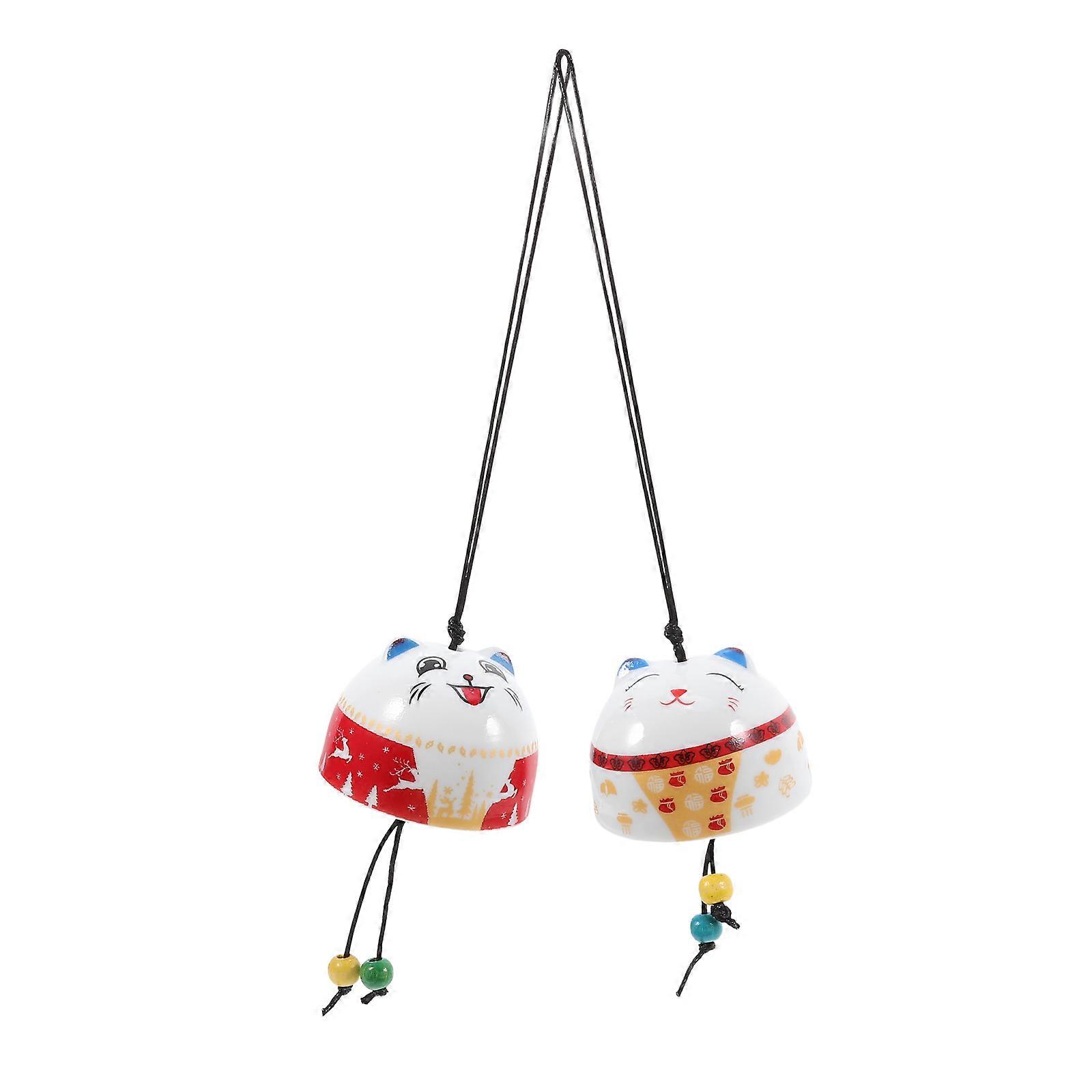 White Ceramic Fortune Cat Wind Chimes for Home Hanging 4Pcs