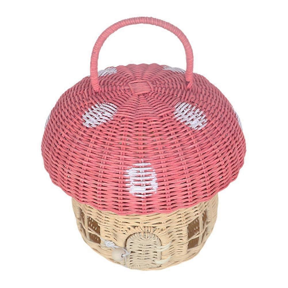 Handmade Rattan Mushroom Storage Basket – Pink Decorative Organizer for Nursery or Home