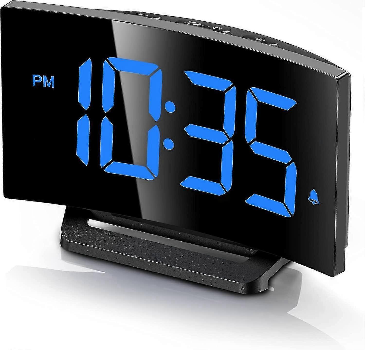 Digital Alarm Clock for Bedroom, Digital Clock with Modern Curved Design, Conspicuous Blue LED Numbers, 5 Levels Brightness+Off, 2 Volume, 3 Alarm Ton
