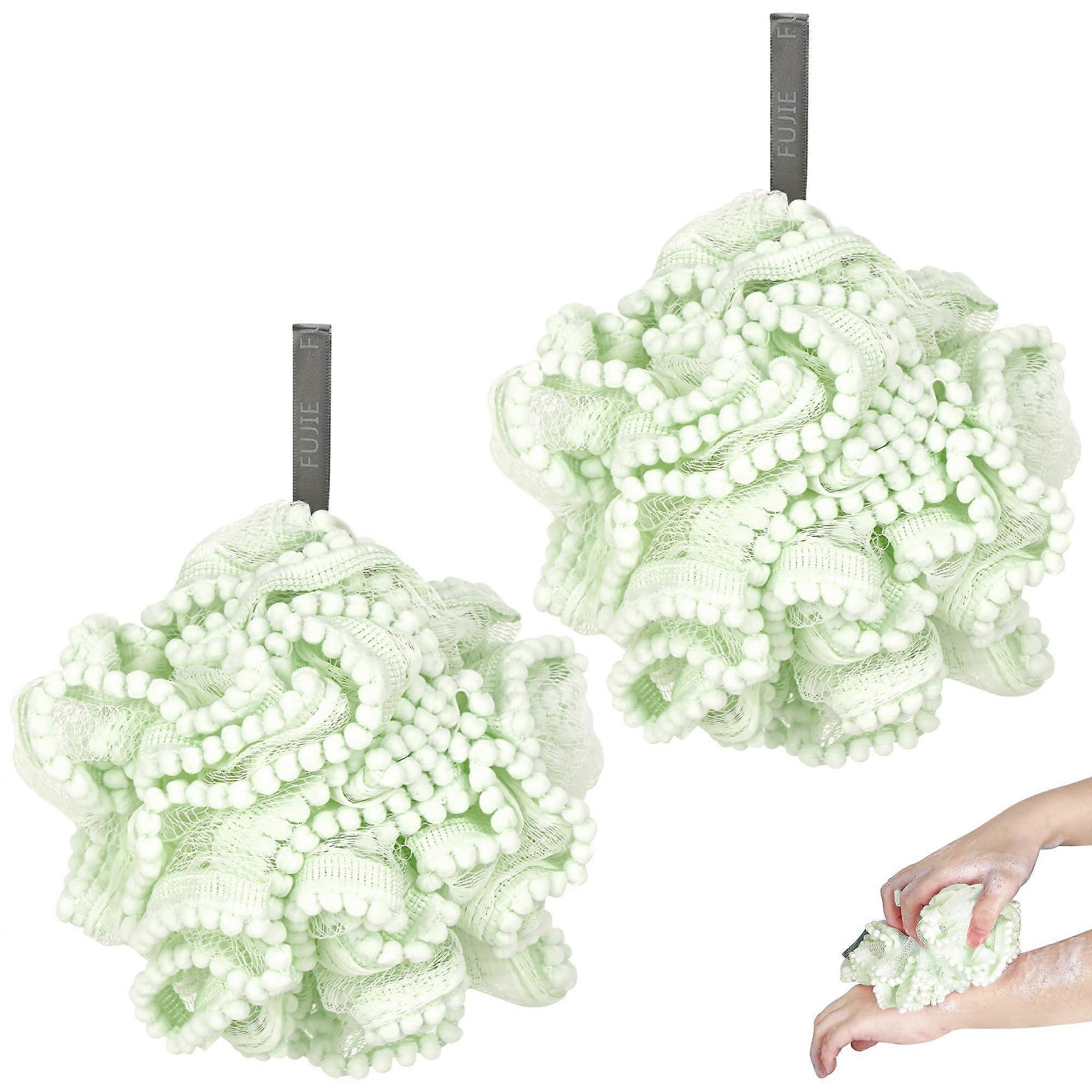 Loofah Shower Bath Sponge Set of 2, Soft Mesh Shower Balls for Body Wash and Exfoliating, Green
