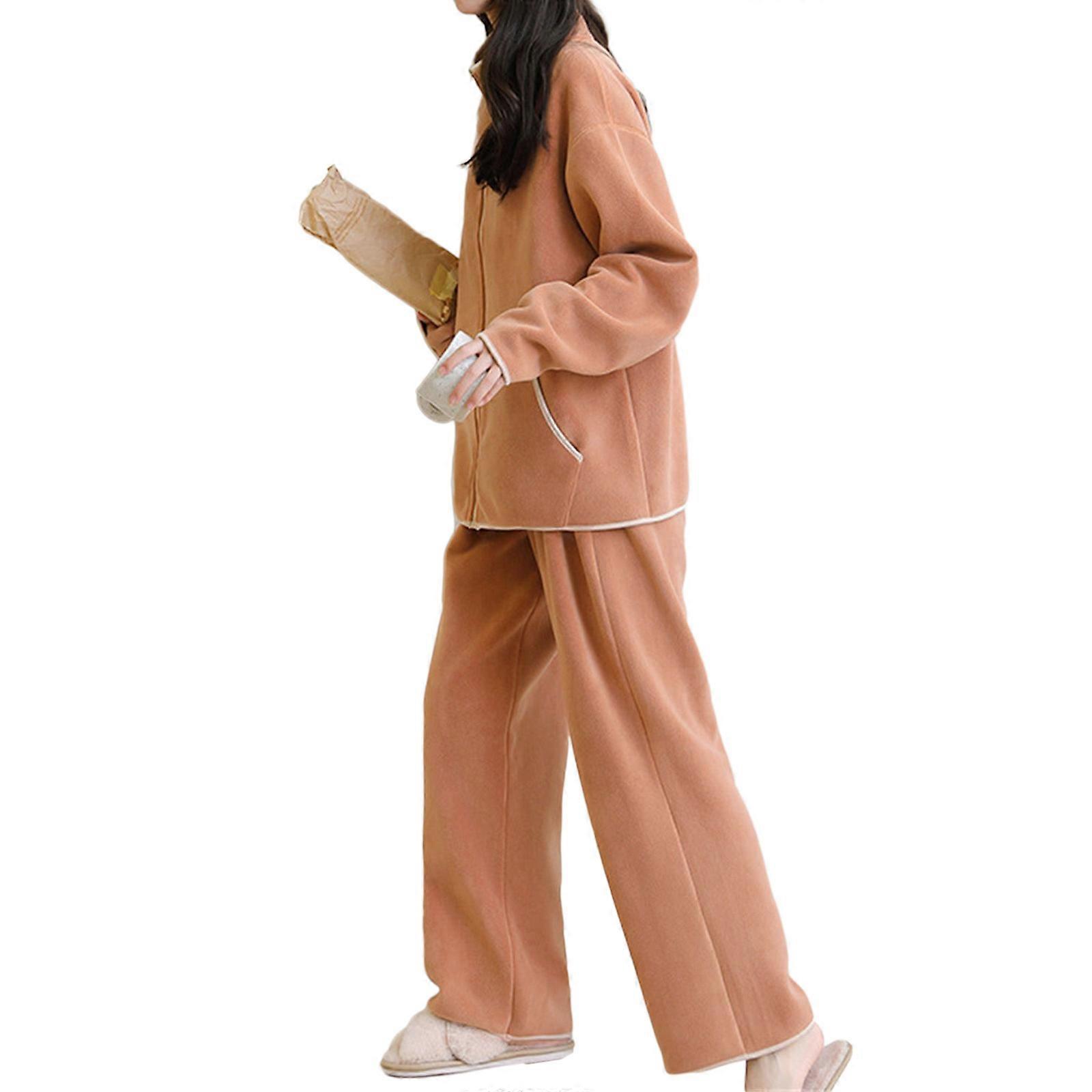 Dampyjamas i fleece, mjukt pyjamasset, vinter, varmt loungekläder, 2 delar, långärmat, nattlinne, presenter, röd, aprikosfärgad, XL