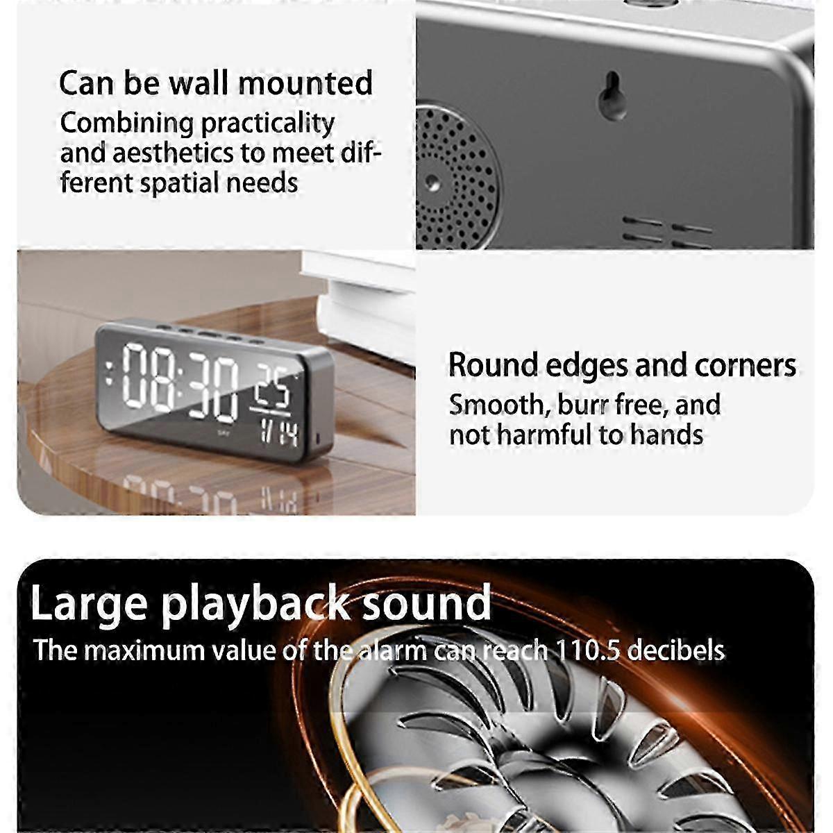 Smart Sound Alarm Clock LED Music Alarm Clock Wall Mounted Desk Clock Student Alarm Clock Temperature Display Dark Grey