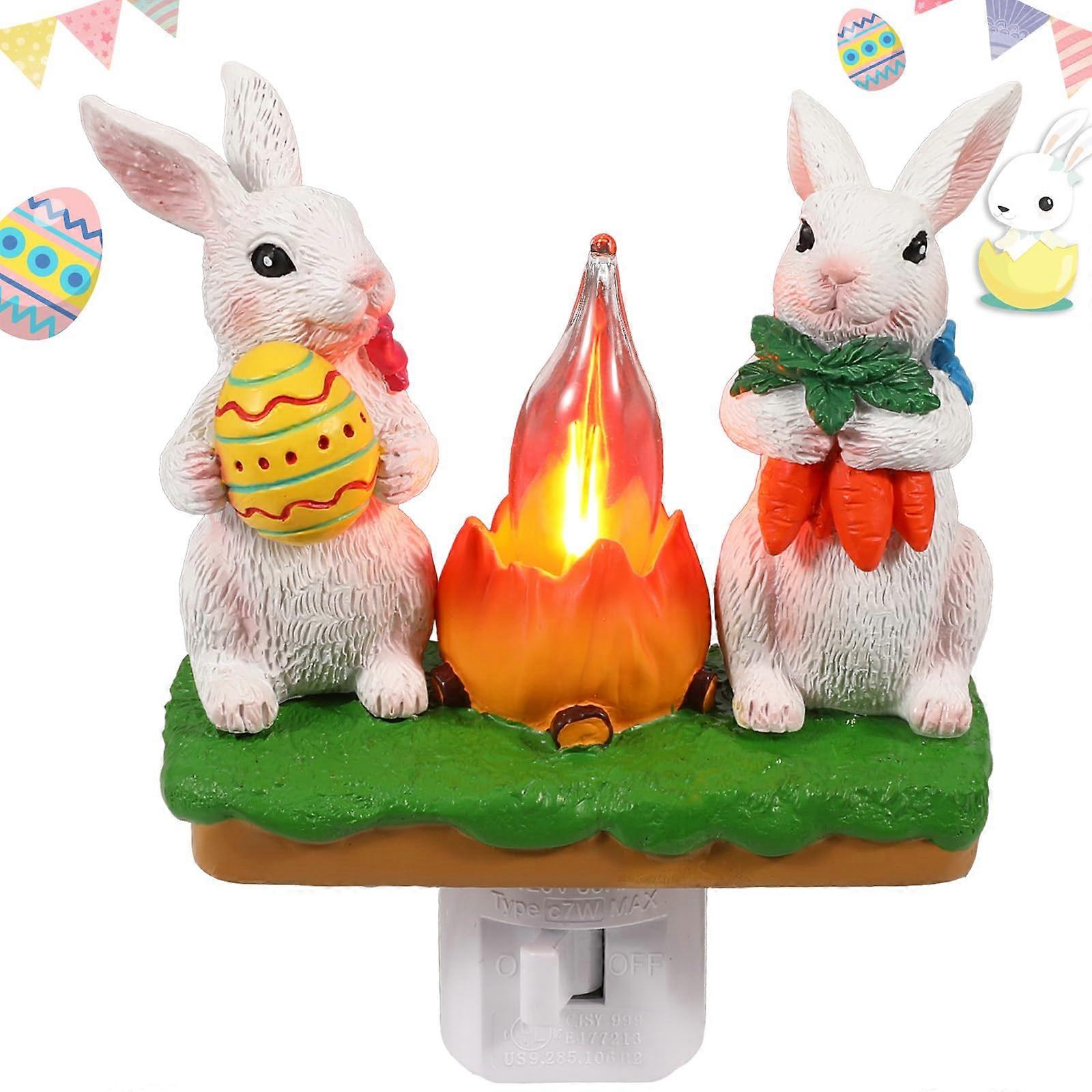 Easter Bunny Night Light Plug in with Flickering Campfire Design, Resin Rabbit Easter Home Decor