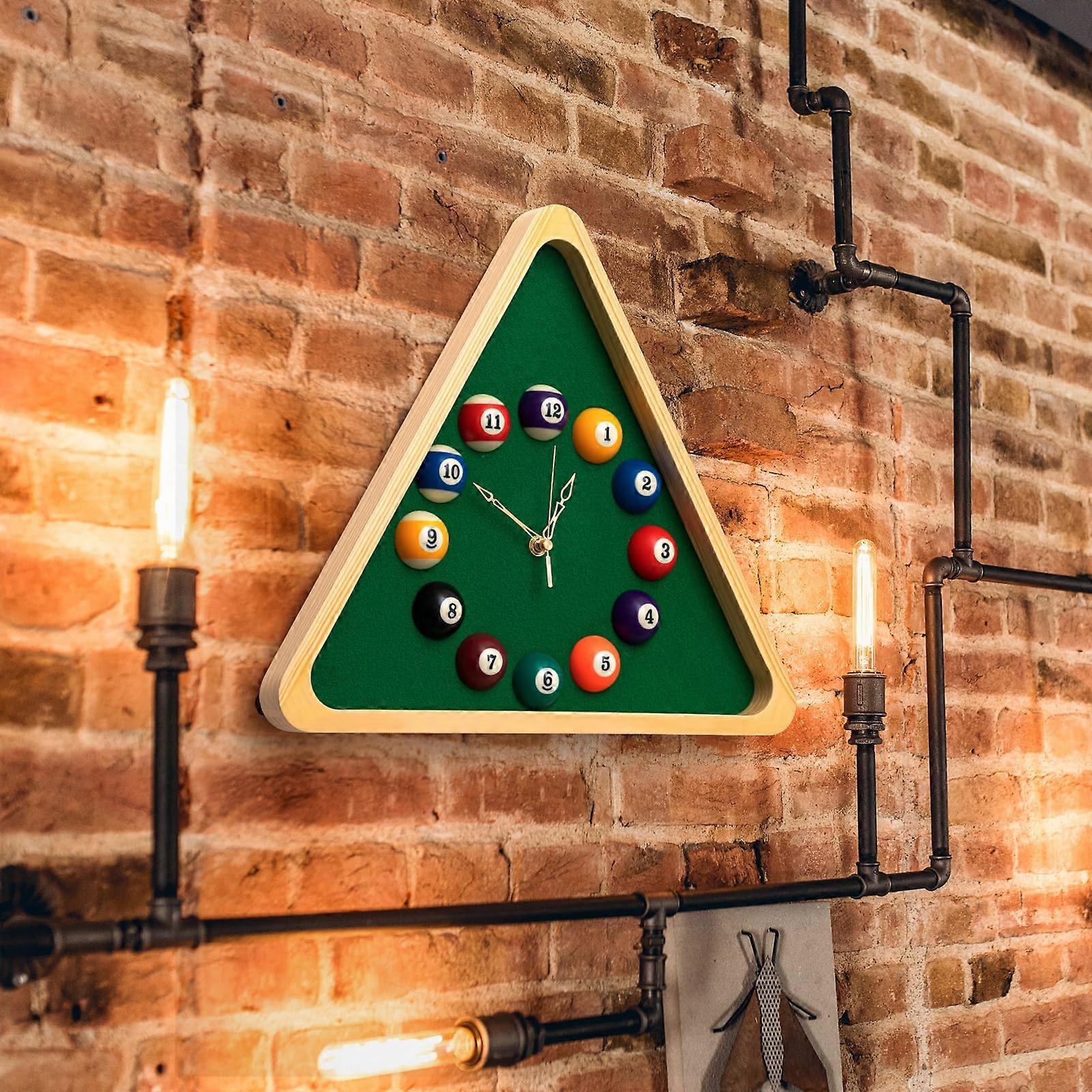 Billiard Wall Clock Solid Wood Triangle Design Silent Sweep for Pool Table Game Room Decor