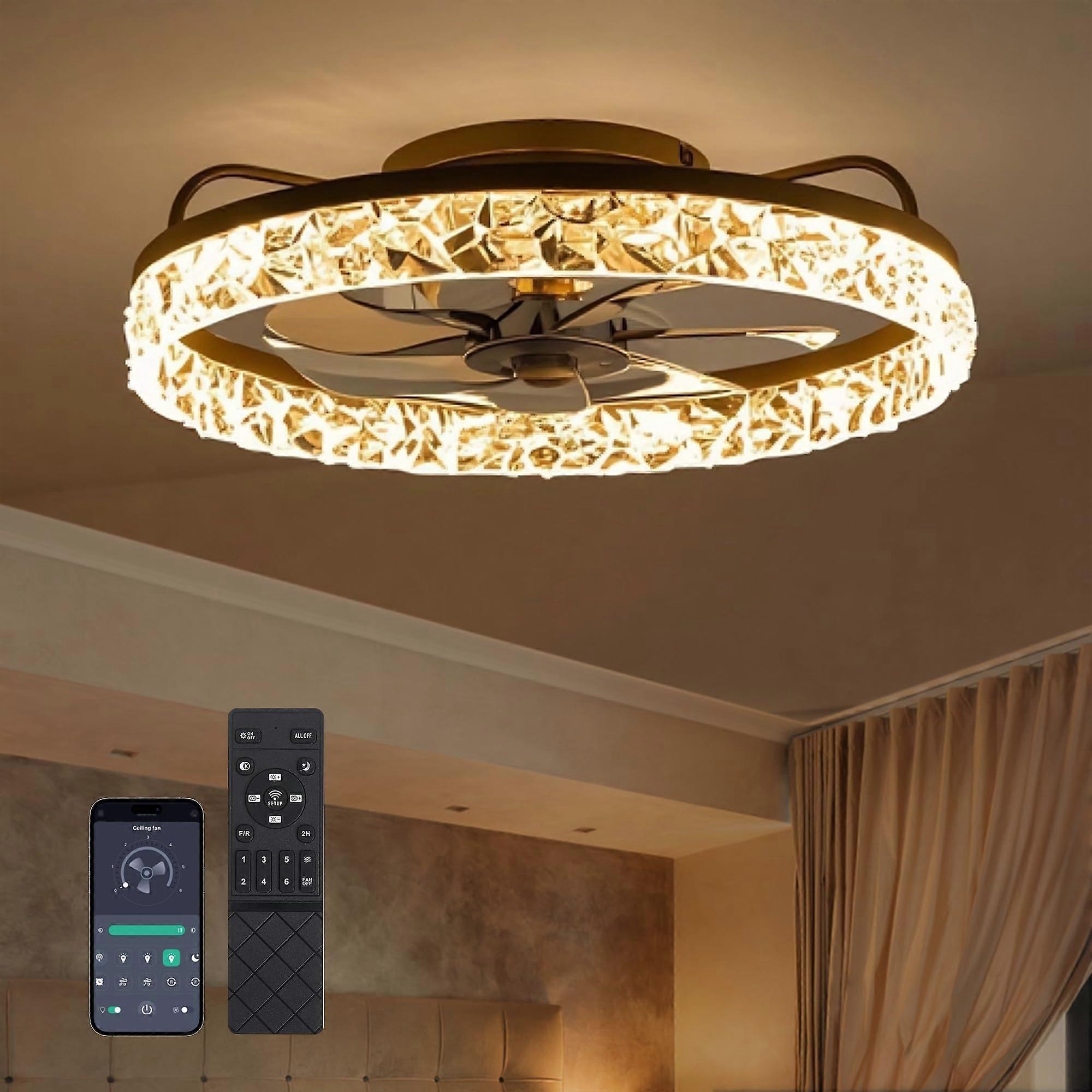 Modern Flush Mount Ceiling Fan with Lights and Remote, 20' Crystal Low Profile, 6Speed LED