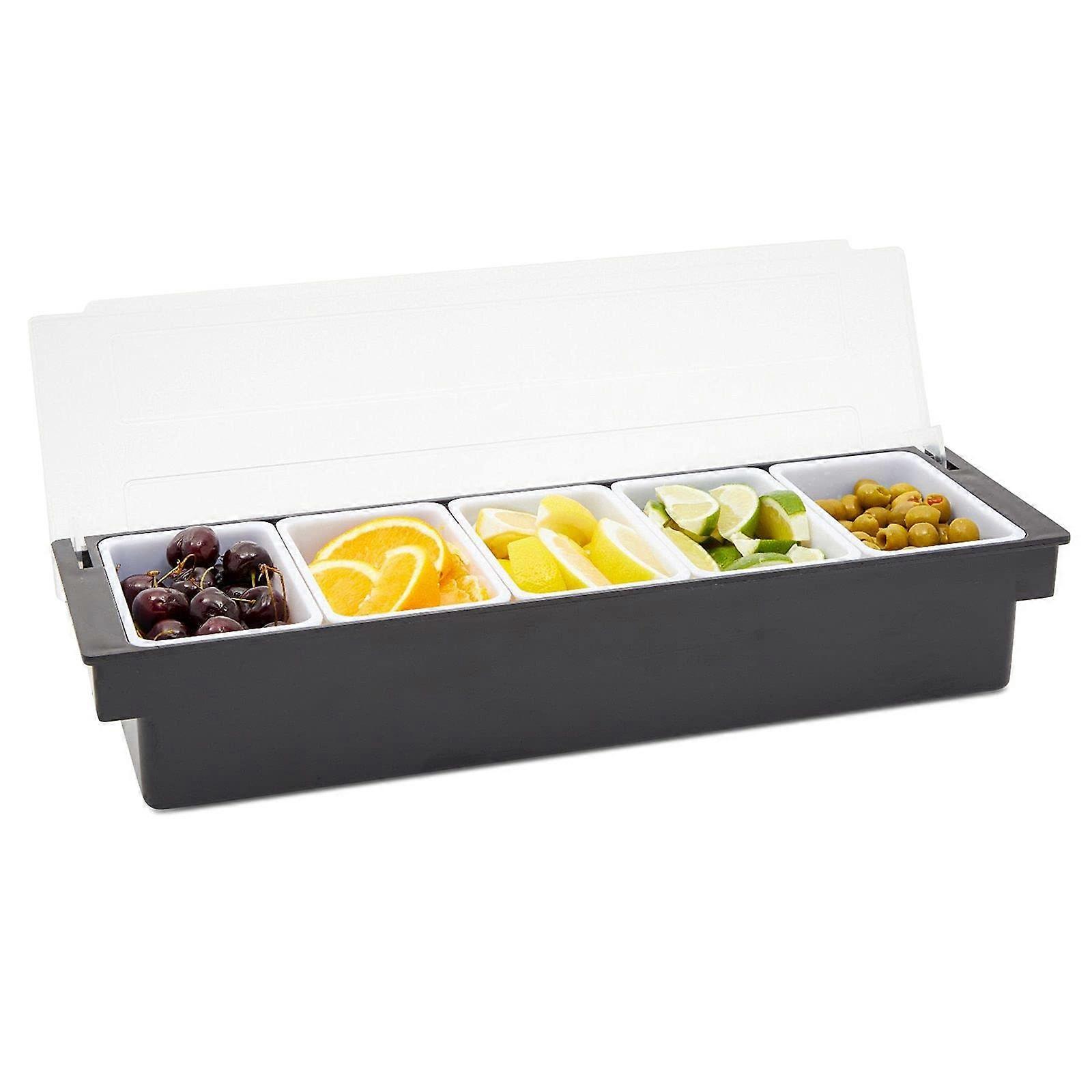 Ice Cooled Condiment Tray with 5 Compartments for Bar Garnish Station, Durable Plastic, Black