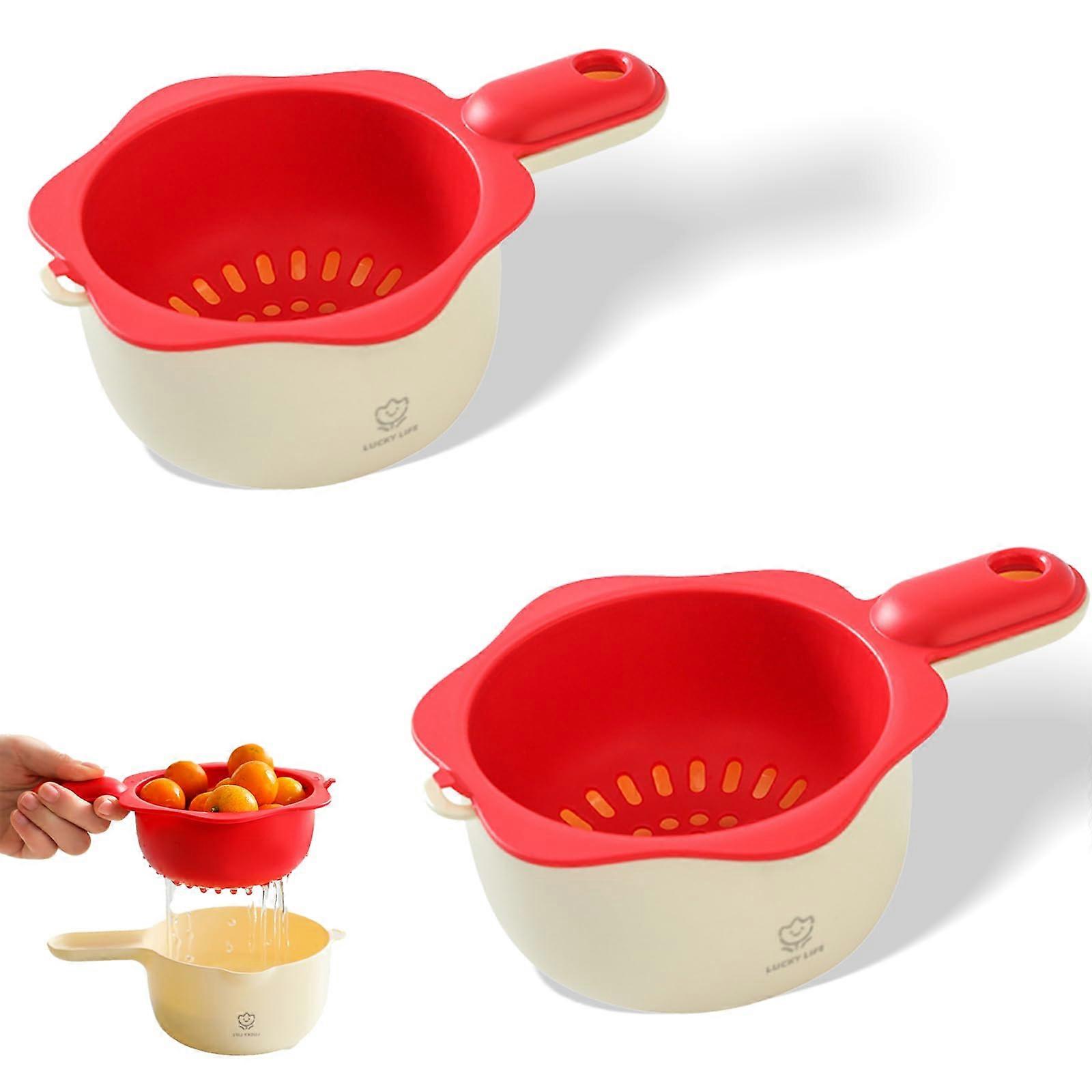 2 Pack Colander Set for Vegetables and Fruit, Space Saving Kitchen Sink Strainer Basket, Red