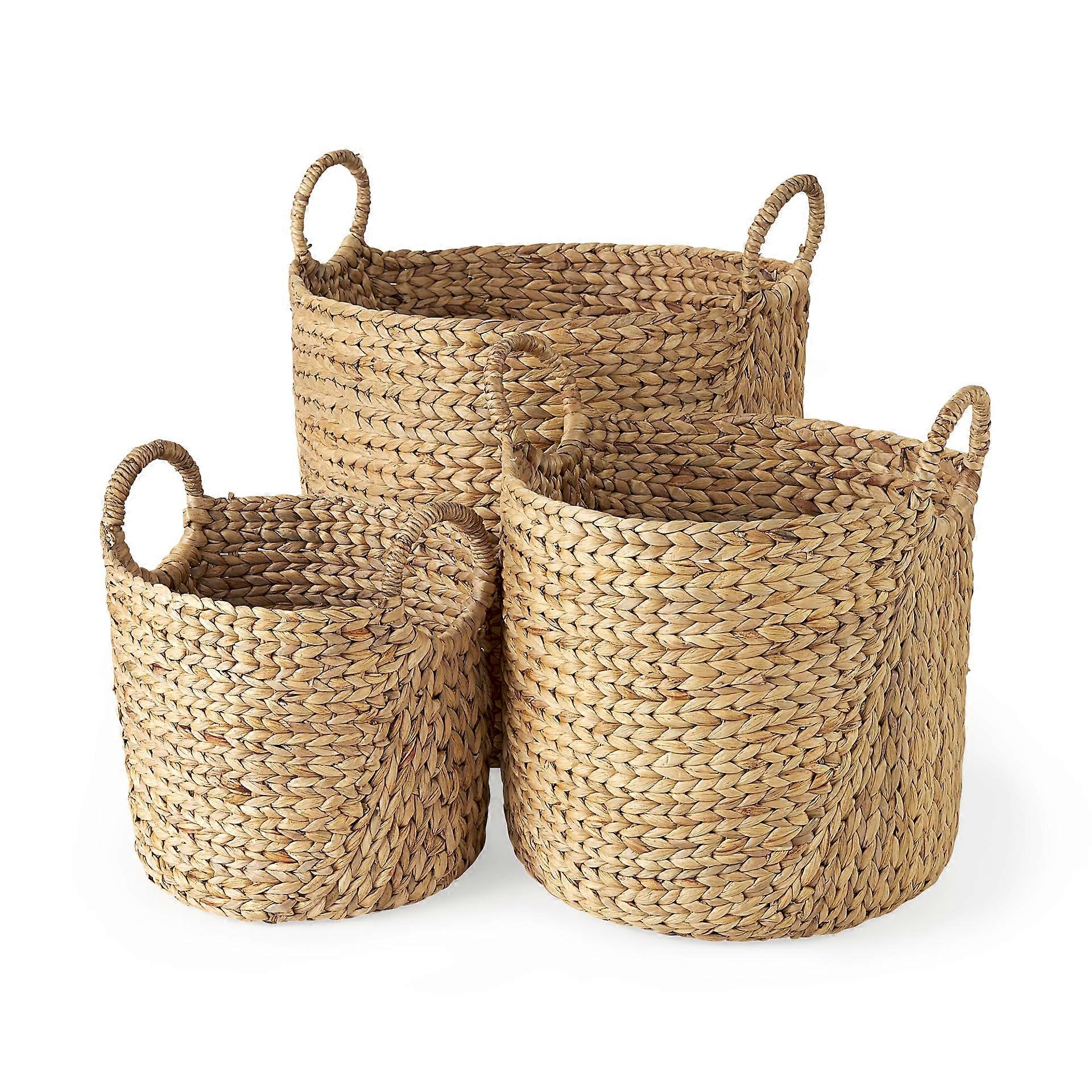 Light Brown Water Hyacinth Storage Basket Set of 3 with Easy Carry Handles for Home Organization