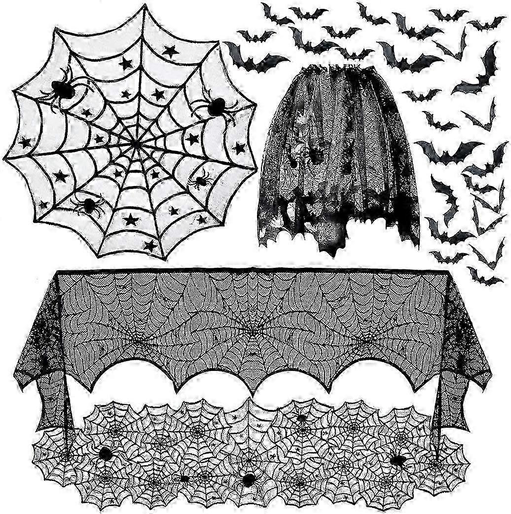 Halloween Round Lace Tablecloth With Spider Web Bat Design