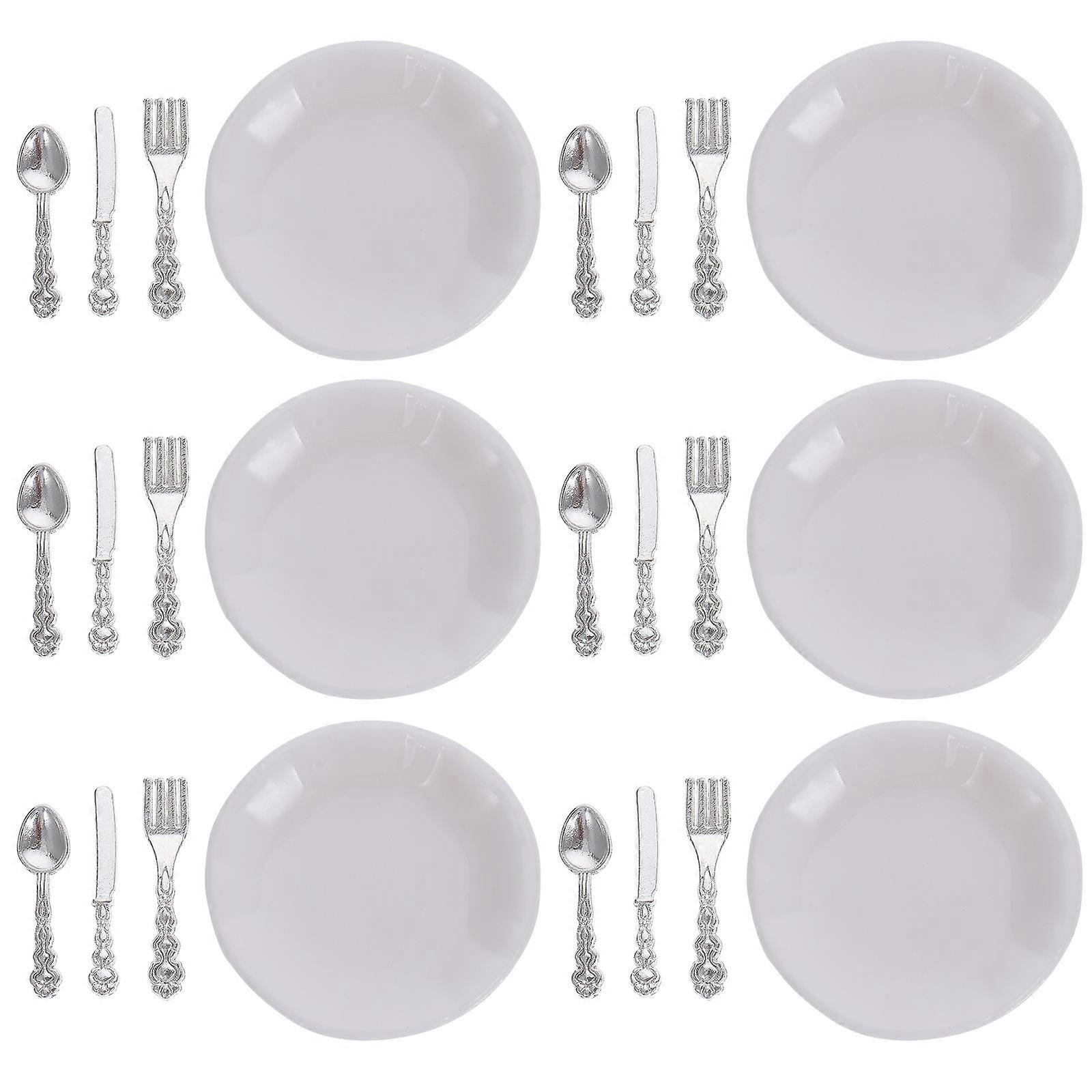 Mini Tableware Kit for Home Decoration 6Sets White ABS Alloy Material