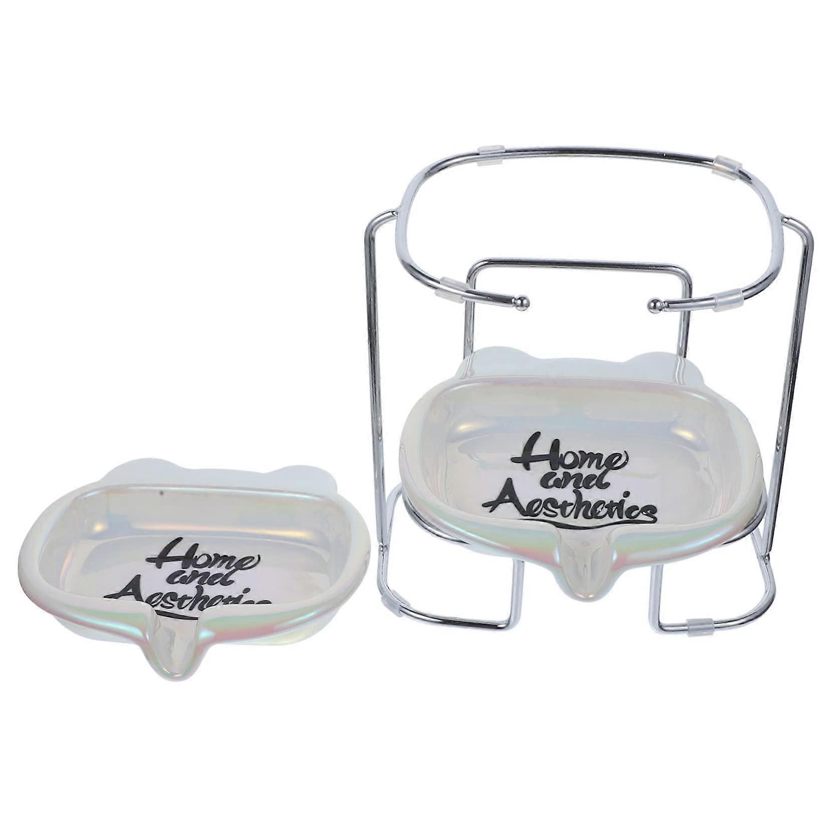 Ceramic Soap Dish with Metal Rack, Bear Shaped Self Draining Holder for Bathroom and Kitchen