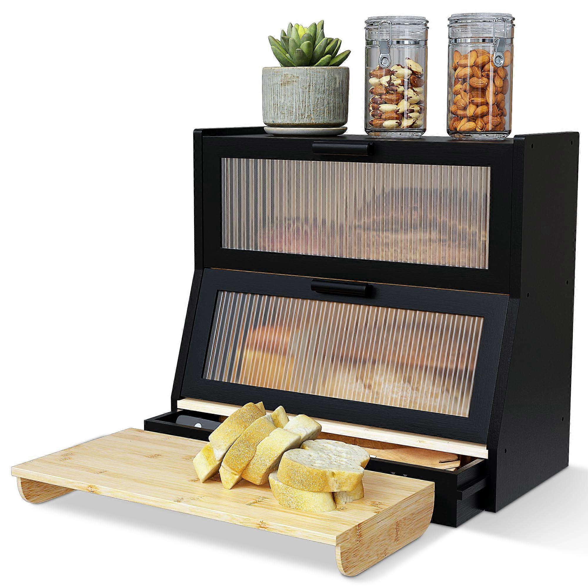 Bamboo Bread Box Two Tier Large Capacity with Cutting Board and Knife Holder, Clear Windows
