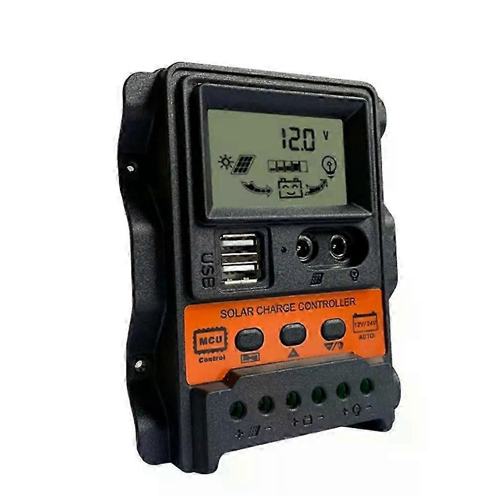 12V/24V solar charge controller with USB interface, LCD screen, temperature display, solar panel voltage, battery current and light control functions.