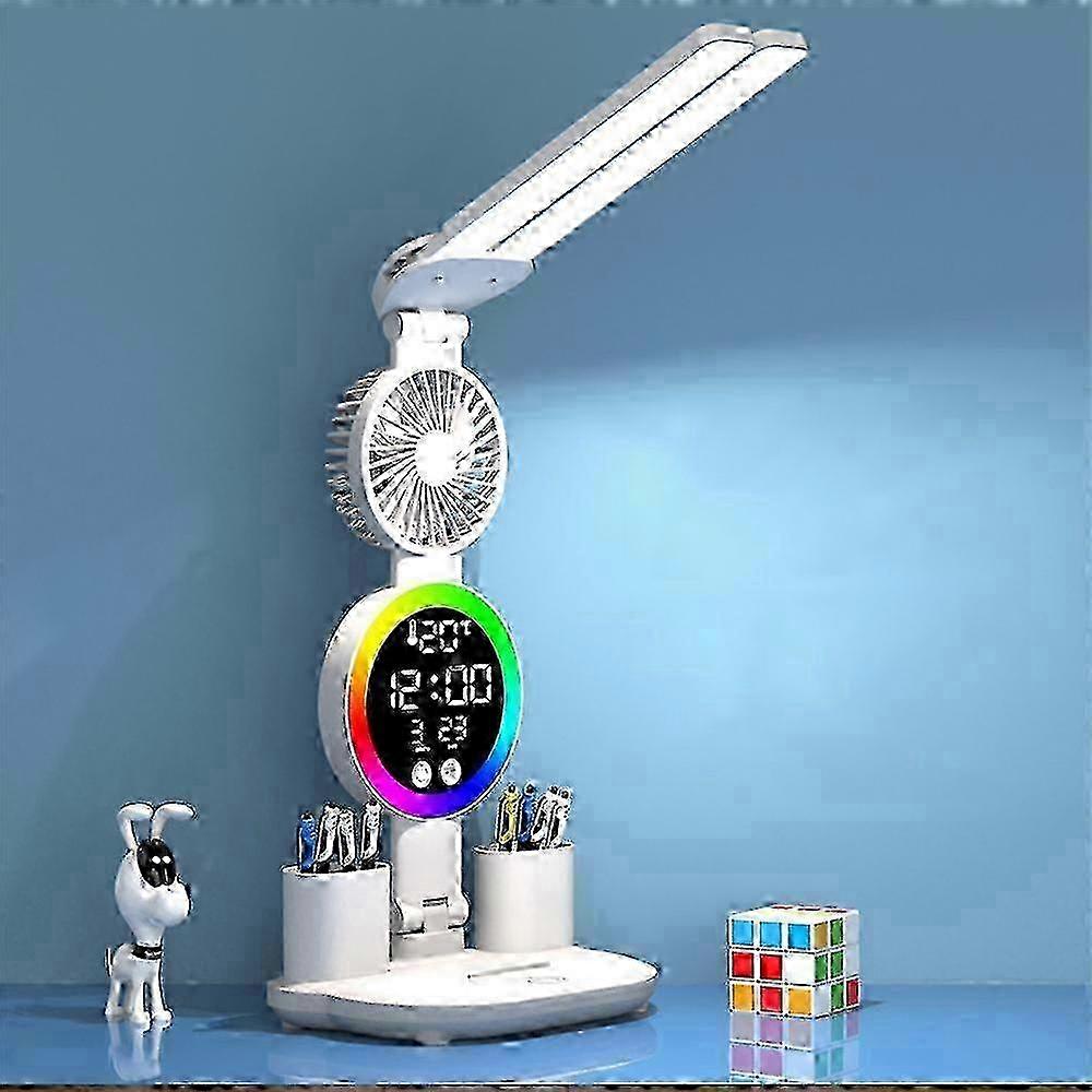 Adjustable LED Desk Lamp with Fan, Clock & USB - Perfect for Students