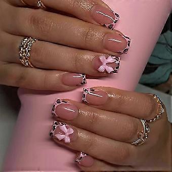 Leopard French Tip Press On Nails Short Square Full Cover False Nails with Cute Bow Design Ref: 8719