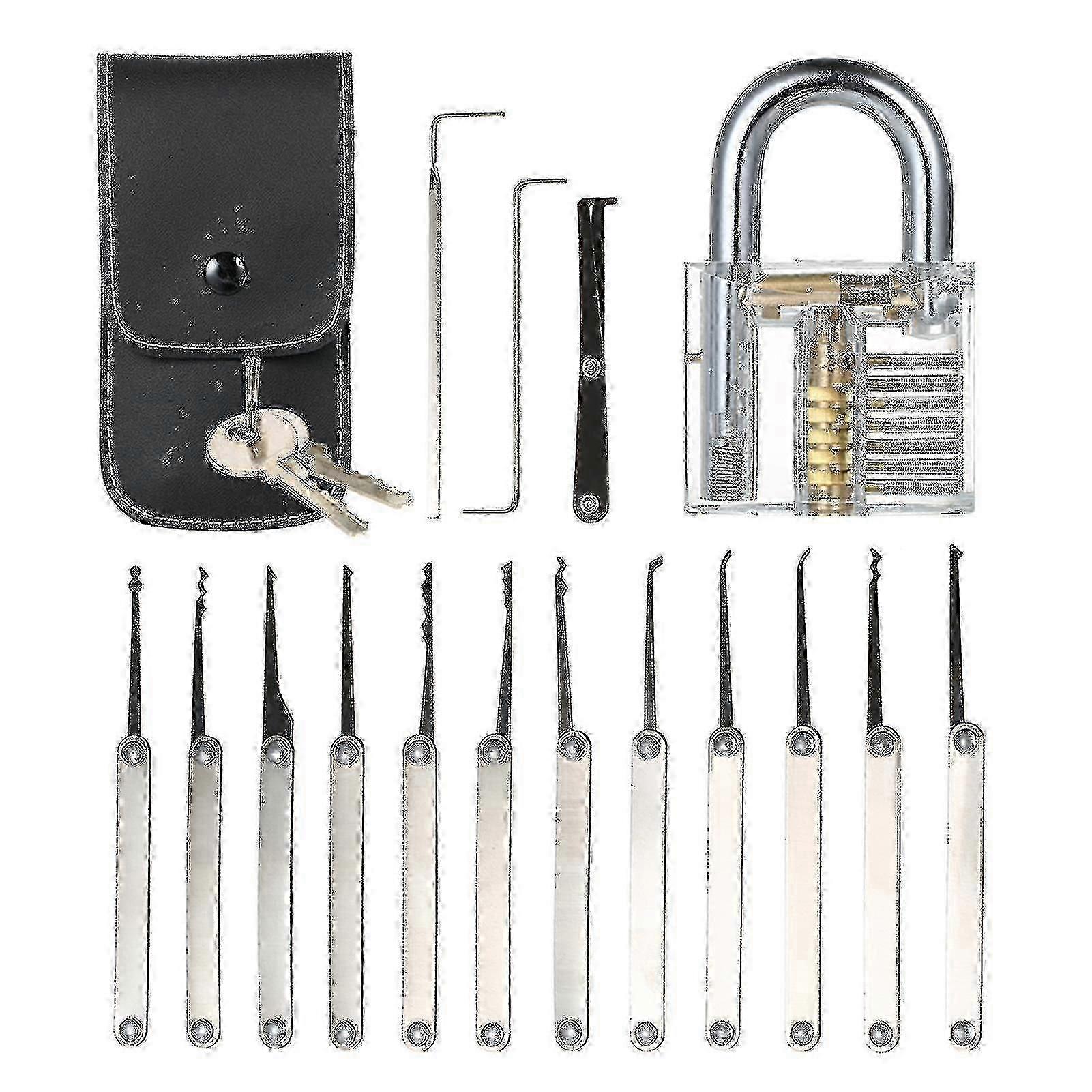 Transparent 15pcs Lock Picking Set with Practice Padlock for Beginners & Professionals - Locksmith Training Tools
