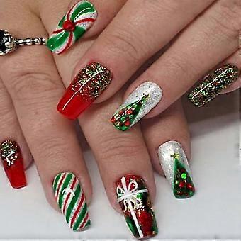 Christmas Coffin Press-On Nails 24Pcs, Medium Glitter Acrylic with Festive Holiday Designs