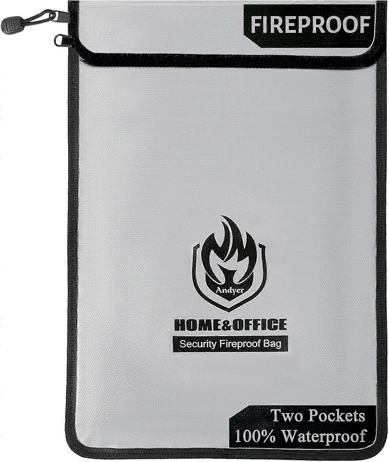 2 Pockets Fireproof Document Bag (15"x11"), Protect Values from Fire
