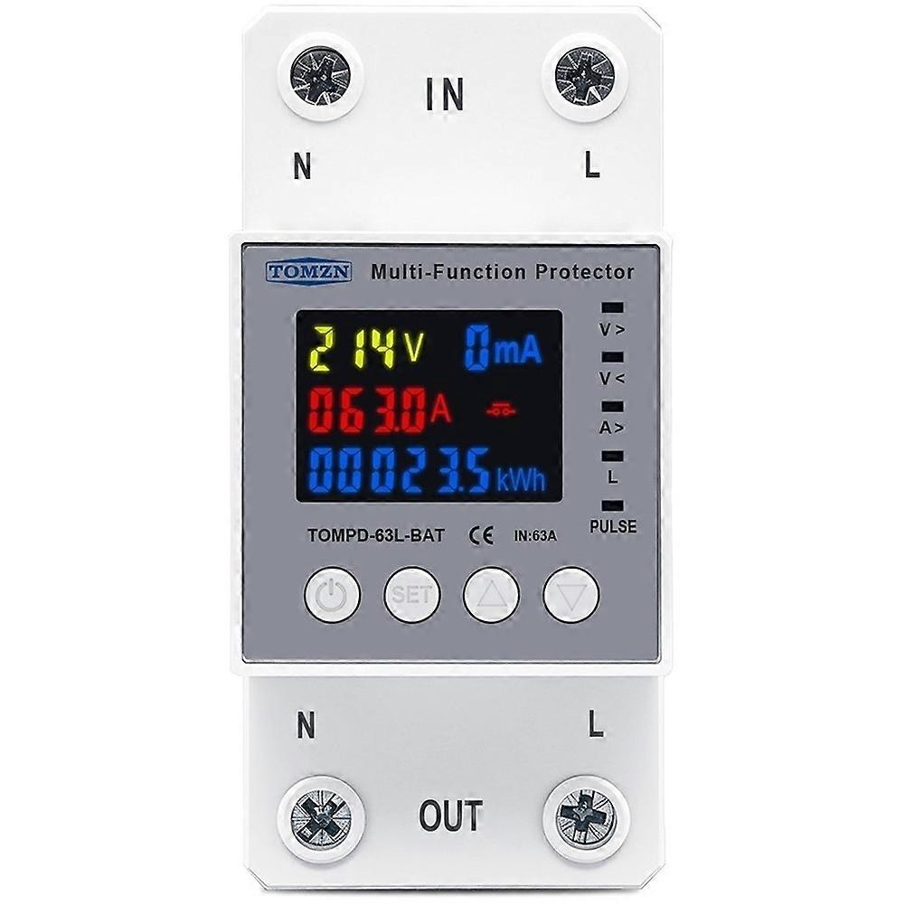 TOMZN TOMPD-63L-BAT 63A Voltage Protector Memory Timer 9-in-1 Meter Prepayment over Under Voltage Current Limit Relay Switch