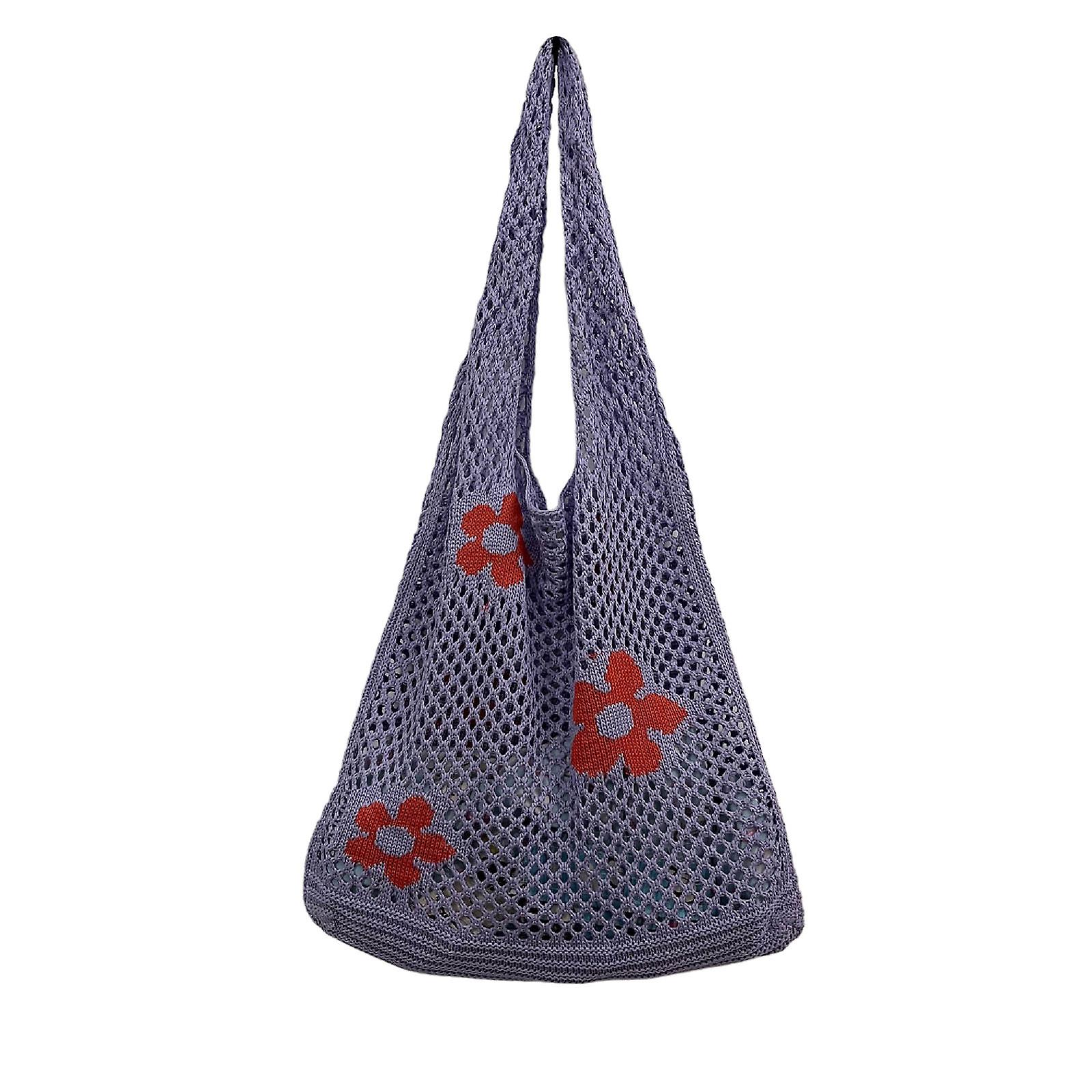 Blomma stickad väska Handväska Mesh Hollow Tote Bag Axelväska för gatuvandring