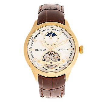 Heritor automatyczne Gregory pół-szkielet skórzane Band Watch - Złoto brązowy
