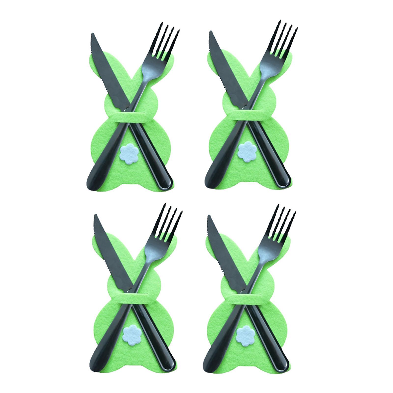 4pcs Easter Bunny Tableware Holders Knife And Fork Cover Rabbit With Mini Flower Wrapper For Dining Table Party
