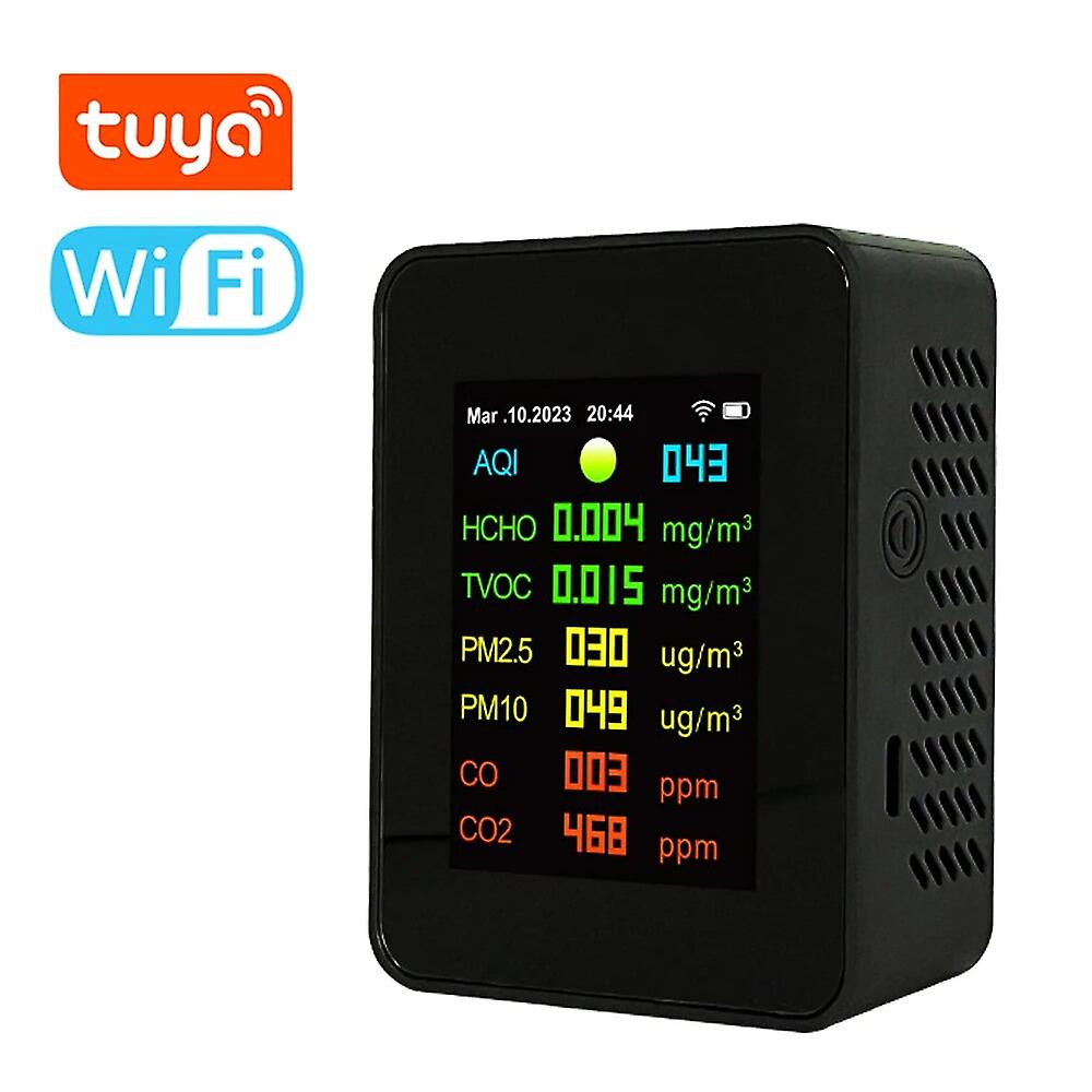 Tuya Wifi 7in1 Air Quality Tester Hcho Co Co2 Pm2.5 Pm10 Tvoc Aqi Testing Carbon Dioxide Detector Time Date Display Air Analyzer