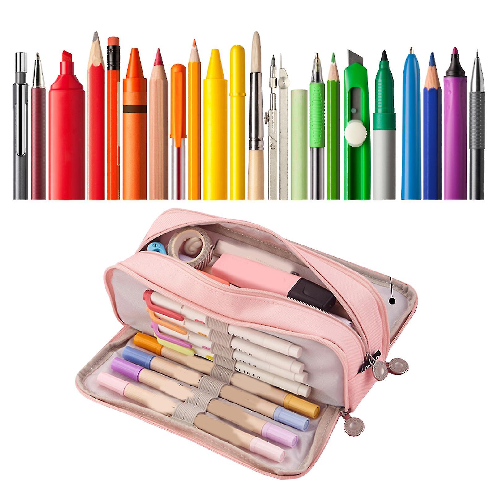 Pencil Pouch With 3 Compartments Large Capacity Double Opening Soft Canvas Dustproof Zipper Pencil Case for Students Pink